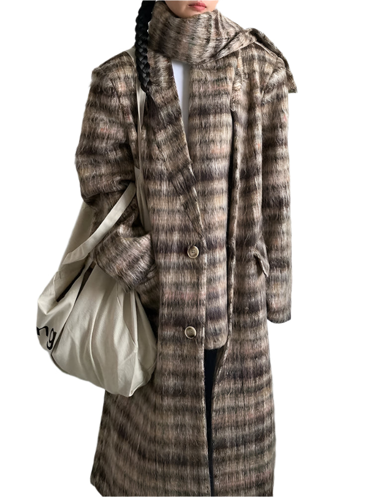 Khaki Plaid With Scarf Long Wool Coat