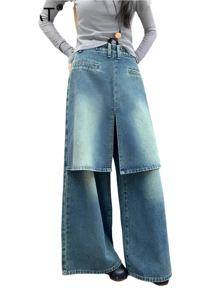 Fake 2 Pcs High Waist Straight Wide Leg Denim Pants