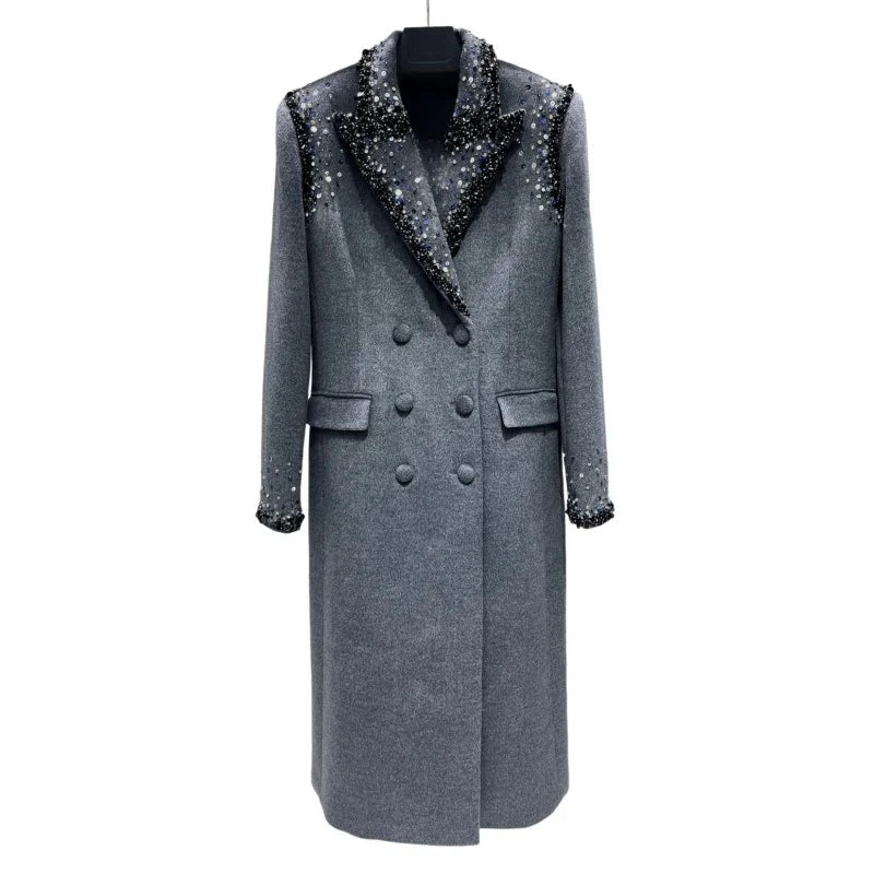 Fine Wool Double-Buttoned Bead Embroidery Long Coat