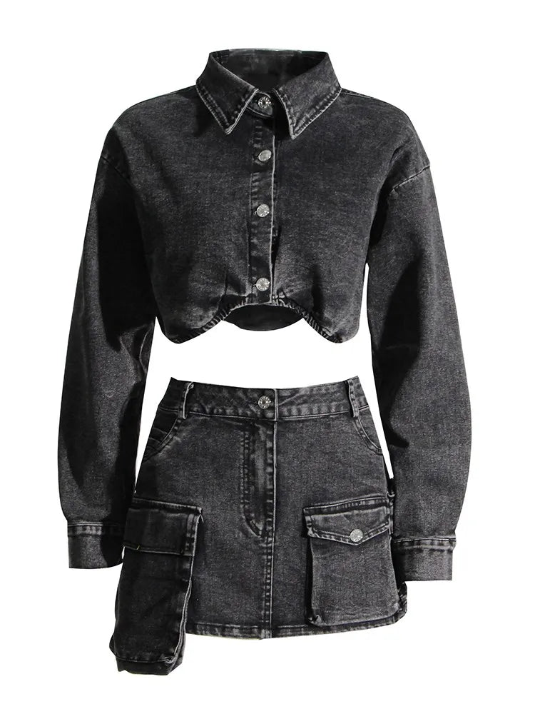 DenimTwo Piece Long Sleeve jacket High Waist Mini Skirt