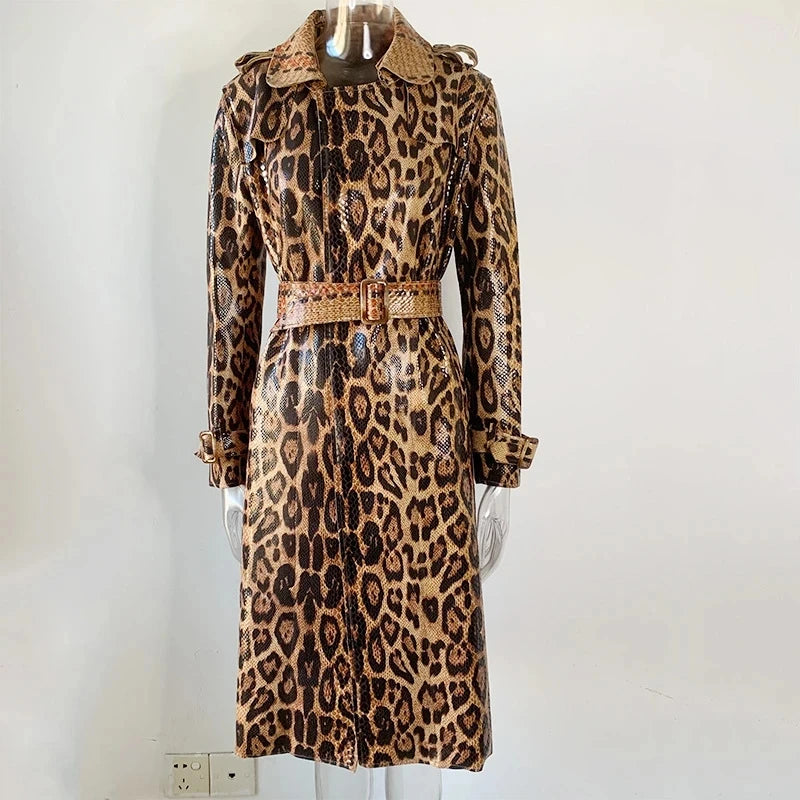 Snake Pattern Printing PU Leather Long Straight Trench Coat