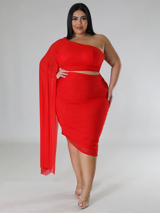 Plus Size Two Piece Single Sleeve Crop Top and Skirt