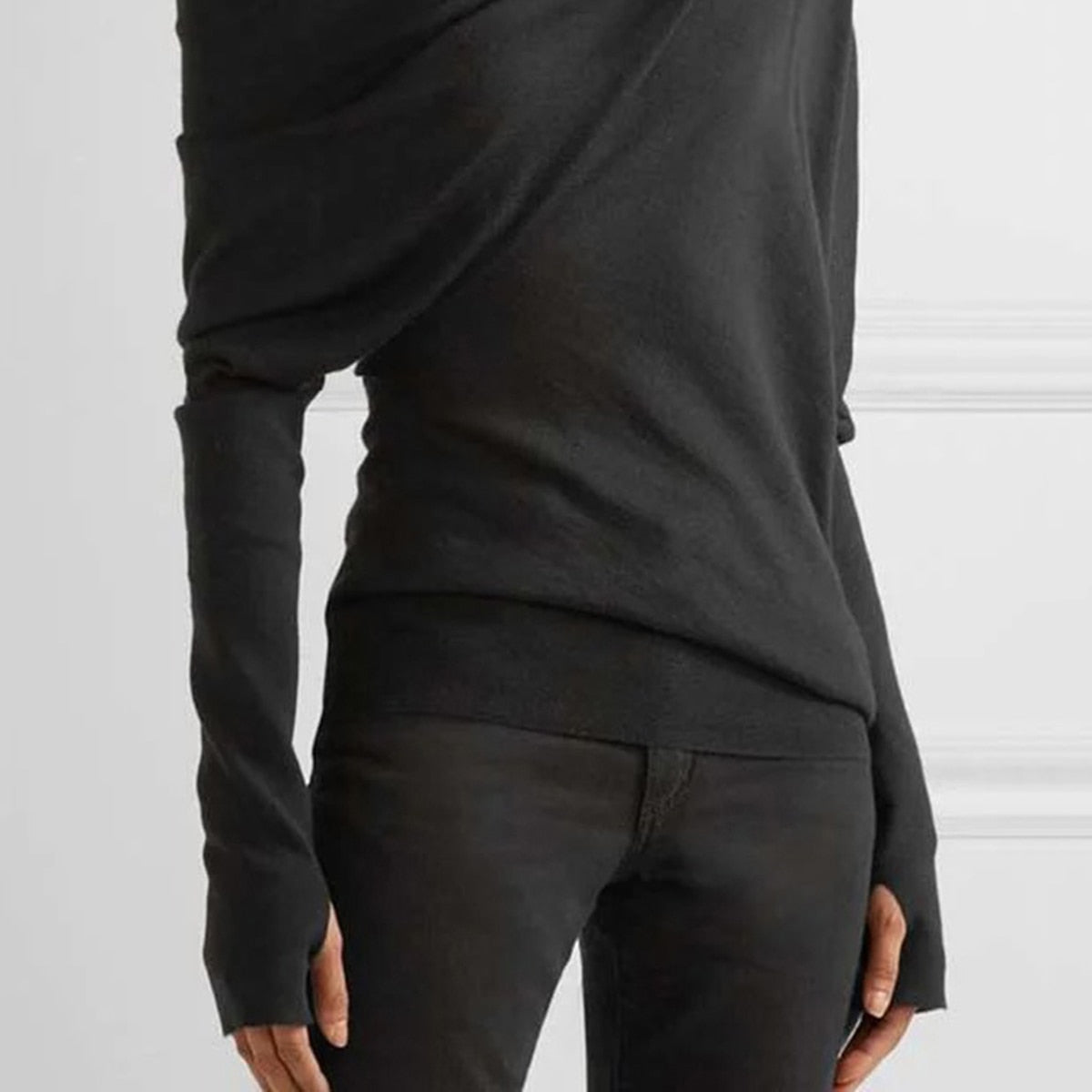 Black Asymmetric One-Shoulder Long Sleeves T-Shirt Top