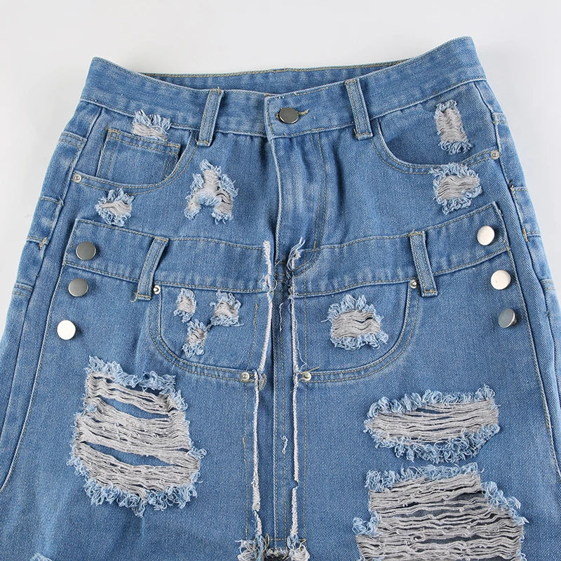 Denim Blue Tassels Pockets Skirt