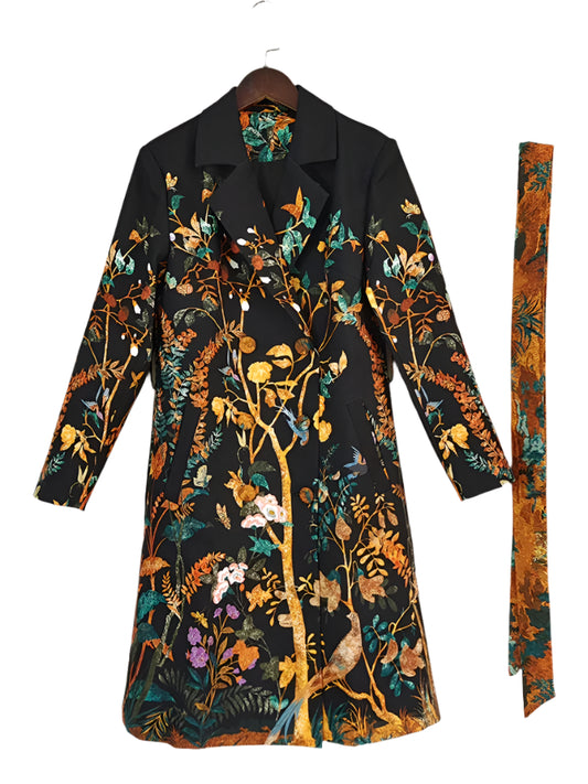 Flower & Birds Print Belt Trench