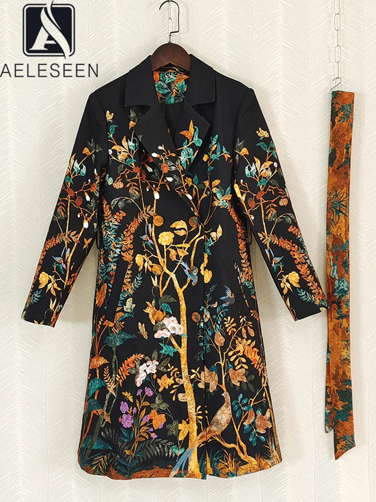 Flower & Birds Print Belt Trench