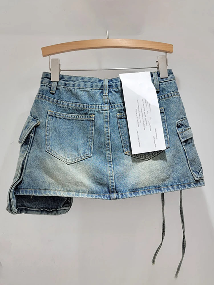 Blue Big Pockets Cargo A-line Mini Skirt