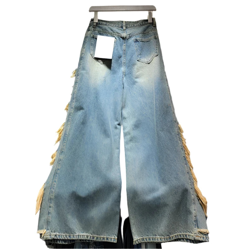 Distressed Broken Holes Straight Wide Leg Tassel Denim Pants