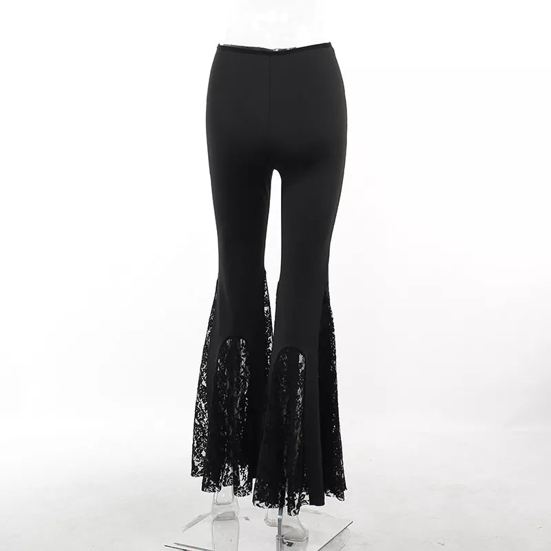 Goth Flare Black Lace Patchwork High Waist Pants