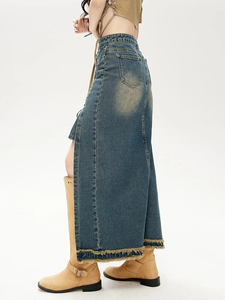 Long Denim High Waist A-line Irregular Raw Edge Split Skirt