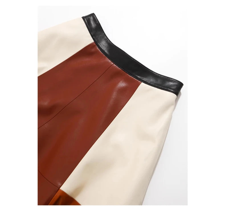 Color Block Patchwork Soft Pu Leather Skirt