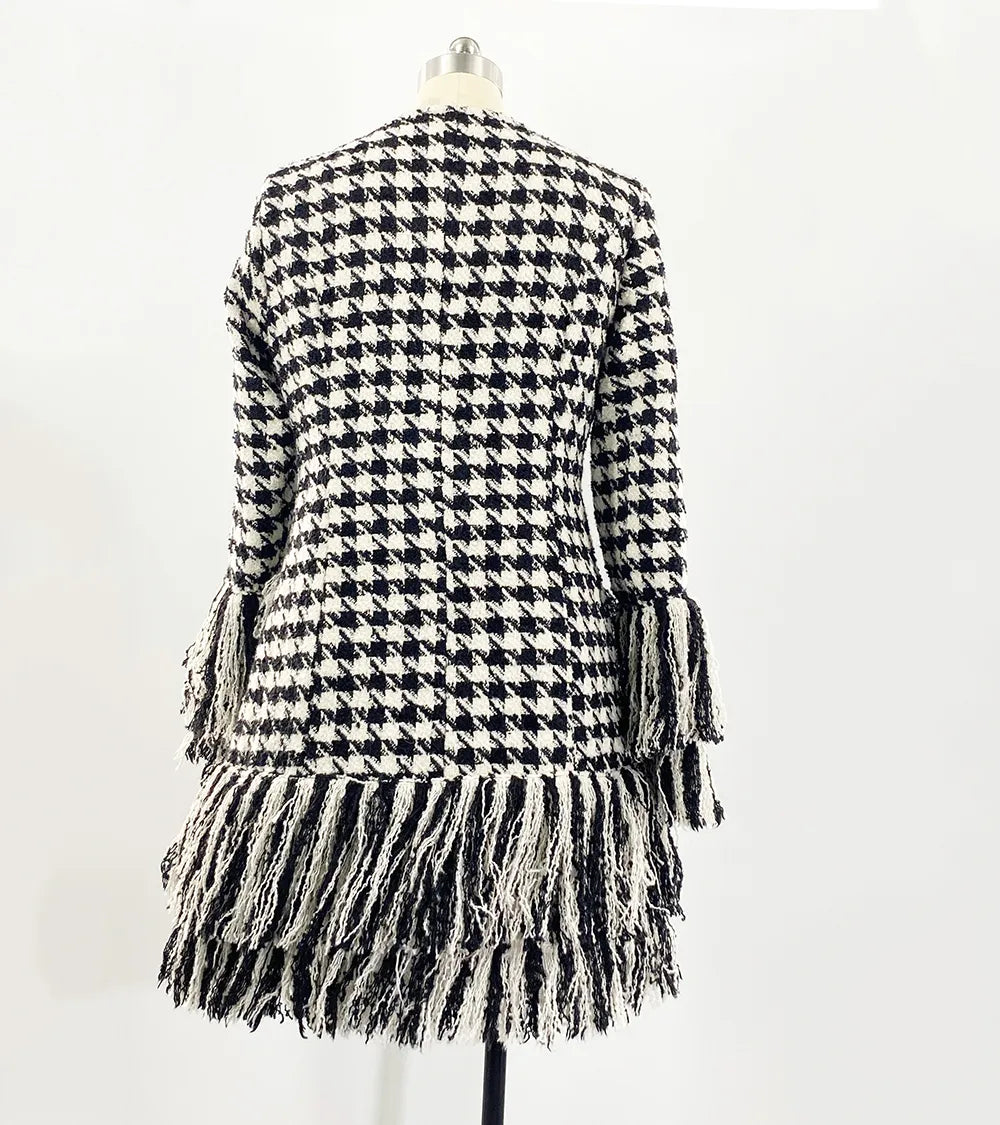 Black And White Checked Tweed Tassel Long-Sleeved Woolen Dress Coat