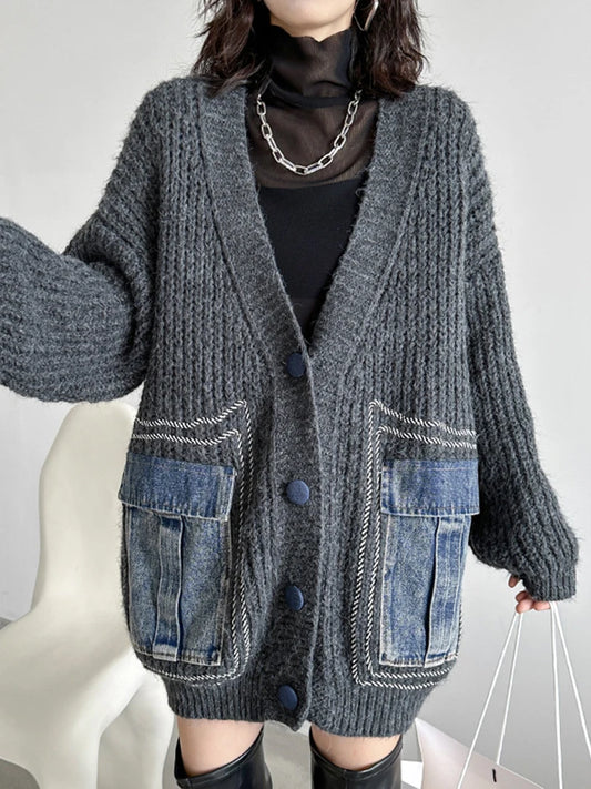 V Neck Patchwork Denim Knit Sweater