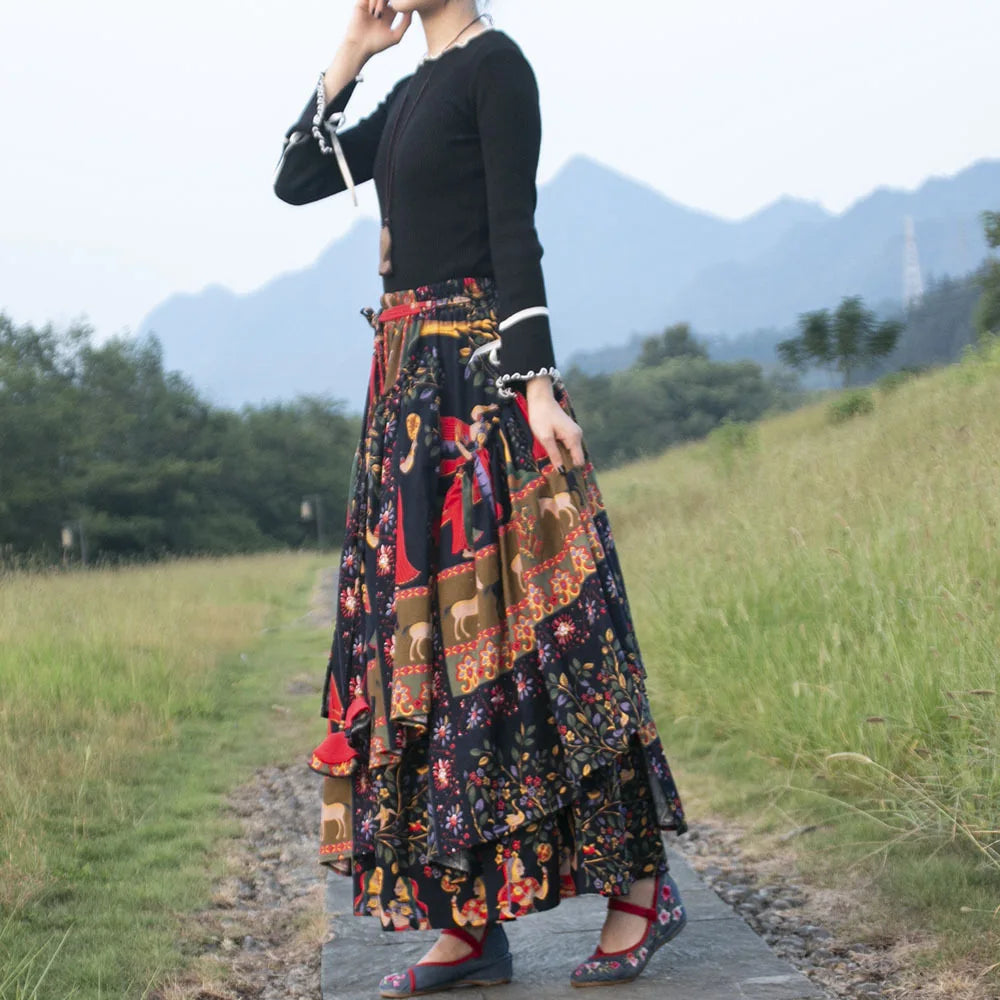 Long Maxi Cotton Linen Print Flower A-line Elastic Waist Skirt