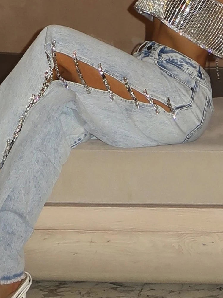 Denim Flare Side Rhinestone Cut Out Straight Full-length Jeans