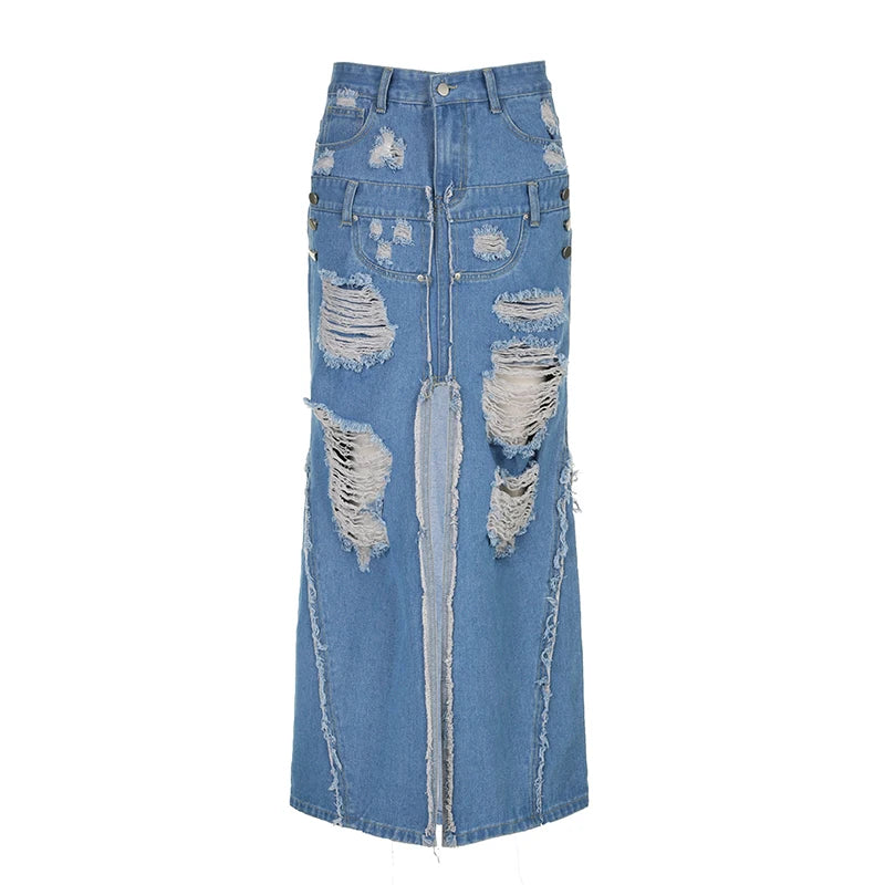 Denim Blue Tassels Pockets Skirt