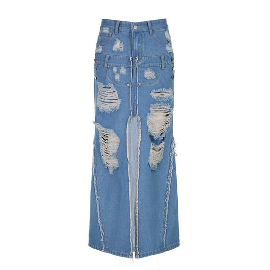 Denim Blue Tassels Pockets Skirt