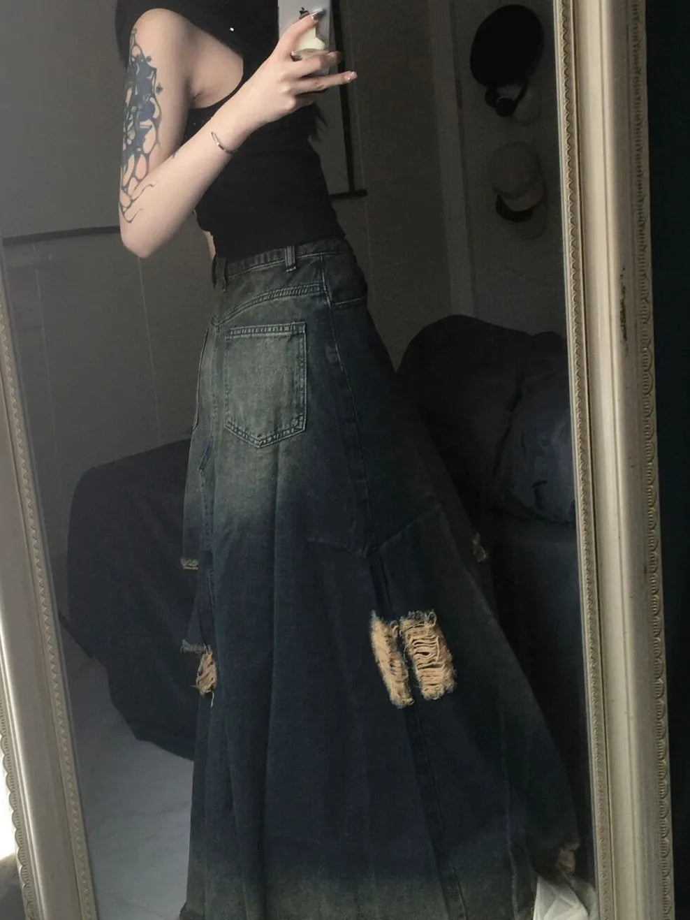 Distressed High Waist Long Denim Skirt
