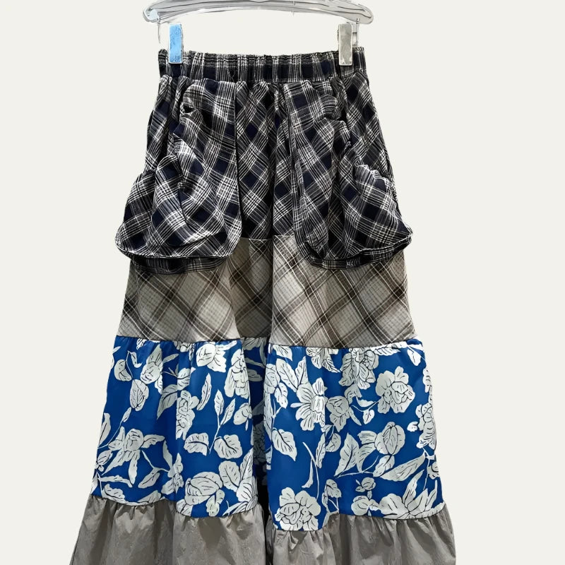 Mix-Match Plaid Pocket A-Line Long Skirt