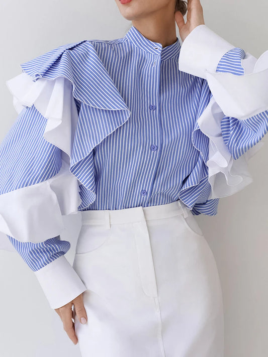 Stripe Stand Collar Contract Color Long Sleeves Flounce Blouse