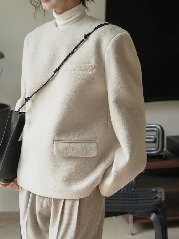 Round-neck Long Sleeve Woolen Jacket