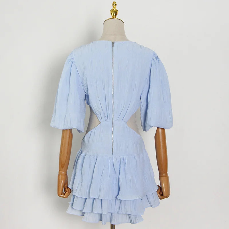 V Neck Lantern Half Sleeve Cut Out High Waist Mini Dress