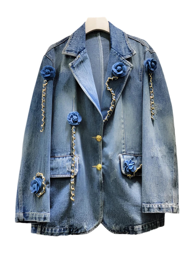 Denim Patchwork Flower Gold Chains Blazer