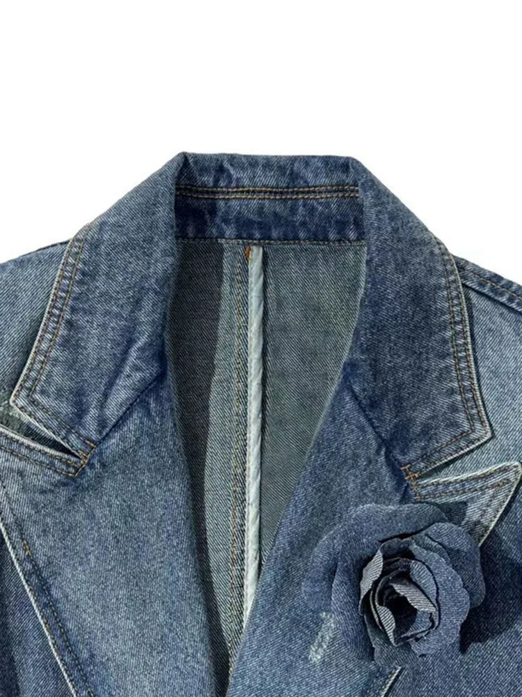 Denim 3D Flower Turn-down Collar Jacket