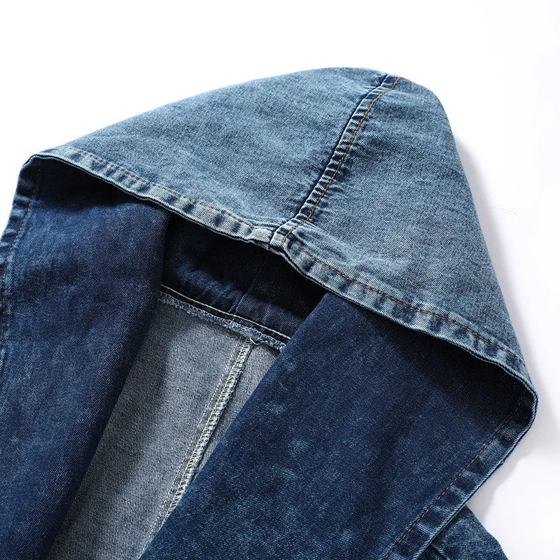 Hooded Denim Elastic Waist Batwing Sleeve Blue Jeans Jacket