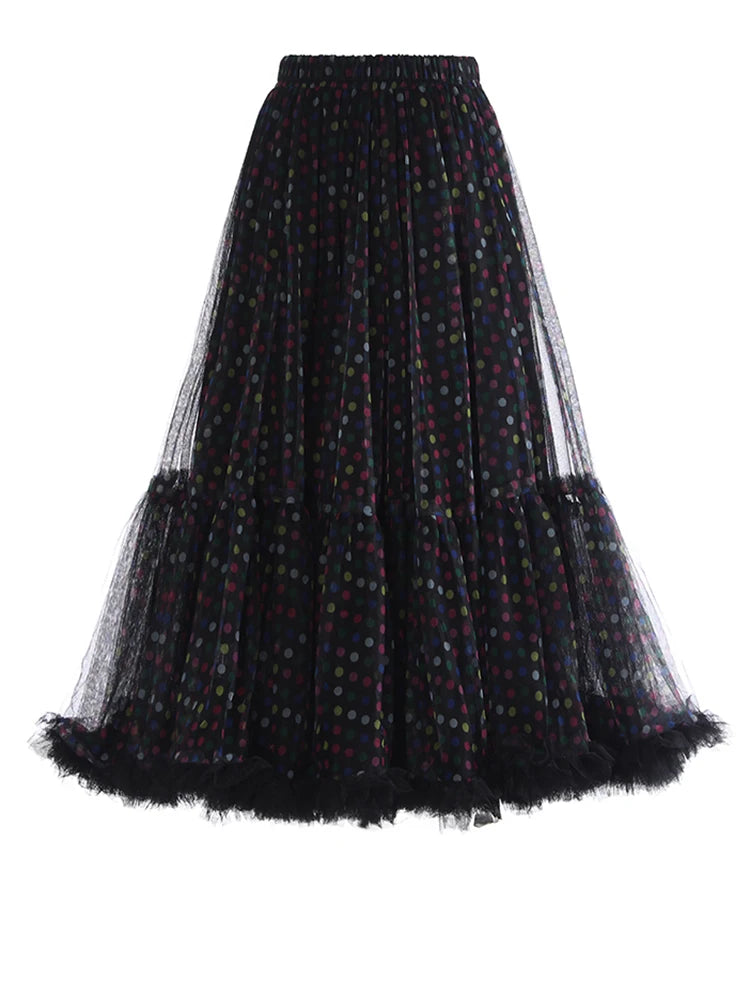 Black Flower Dot Mesh Long A-line Skirt