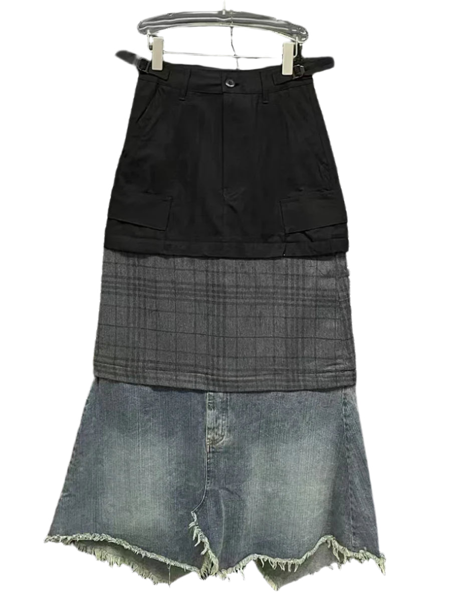 Patchwork Denim Bottom Zipper Skirt