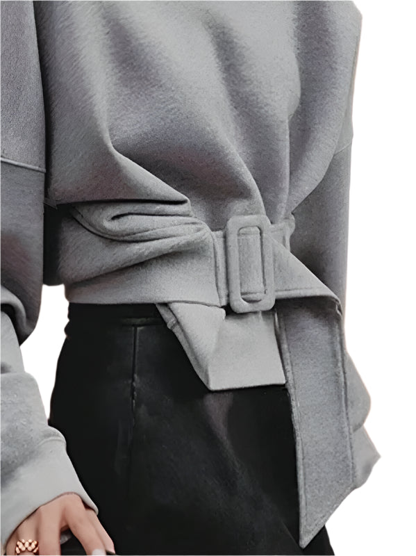 Gray Belt Buckle Round Neck Long Sleeves Pullover