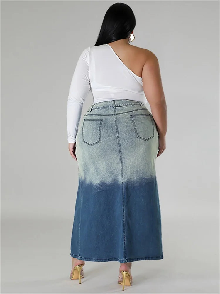 Plus Size Denim Maxi Patchwork Stretch Skirts