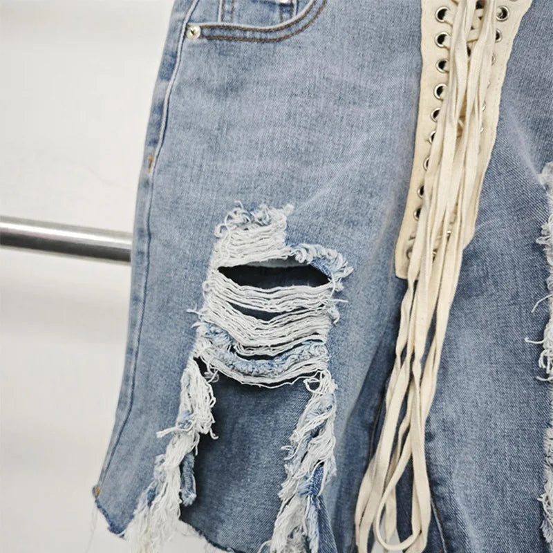 Denim Blue High Waist Cross Rope Holes Shorts