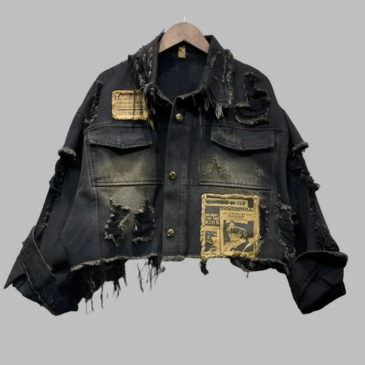 Denim Distressed Hand Frayed Patch Short Coat Jacket