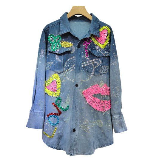 Diamond Embroidery Beaded Denim Shirt