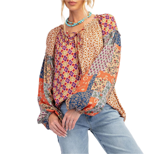 Floral Print Patchwork Long Sleeve Boho Loose Blouse