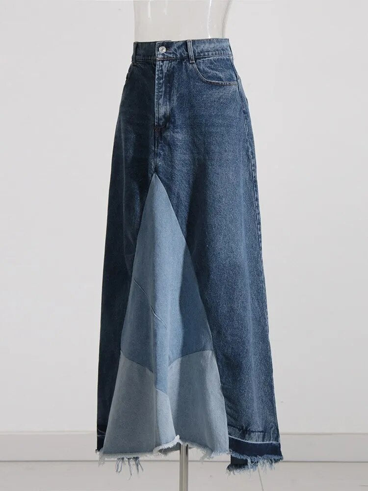 Vintage Denim High Waist Patchwork Long Skirt