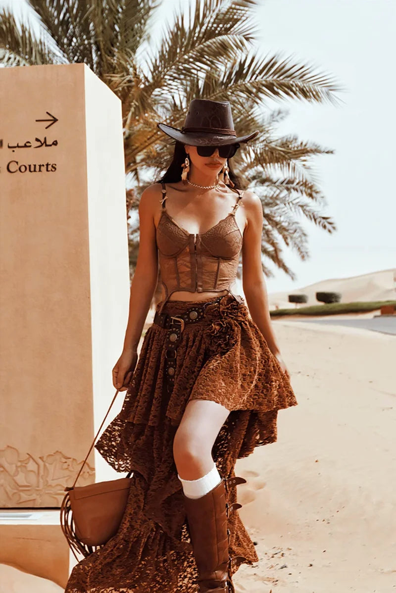 Boho Brown Lace Multilayer Ruffles Asymmetrical Hem Skirt