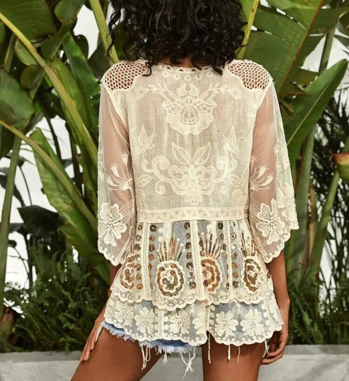 Sequin Floral Embroidery Lace Blouse