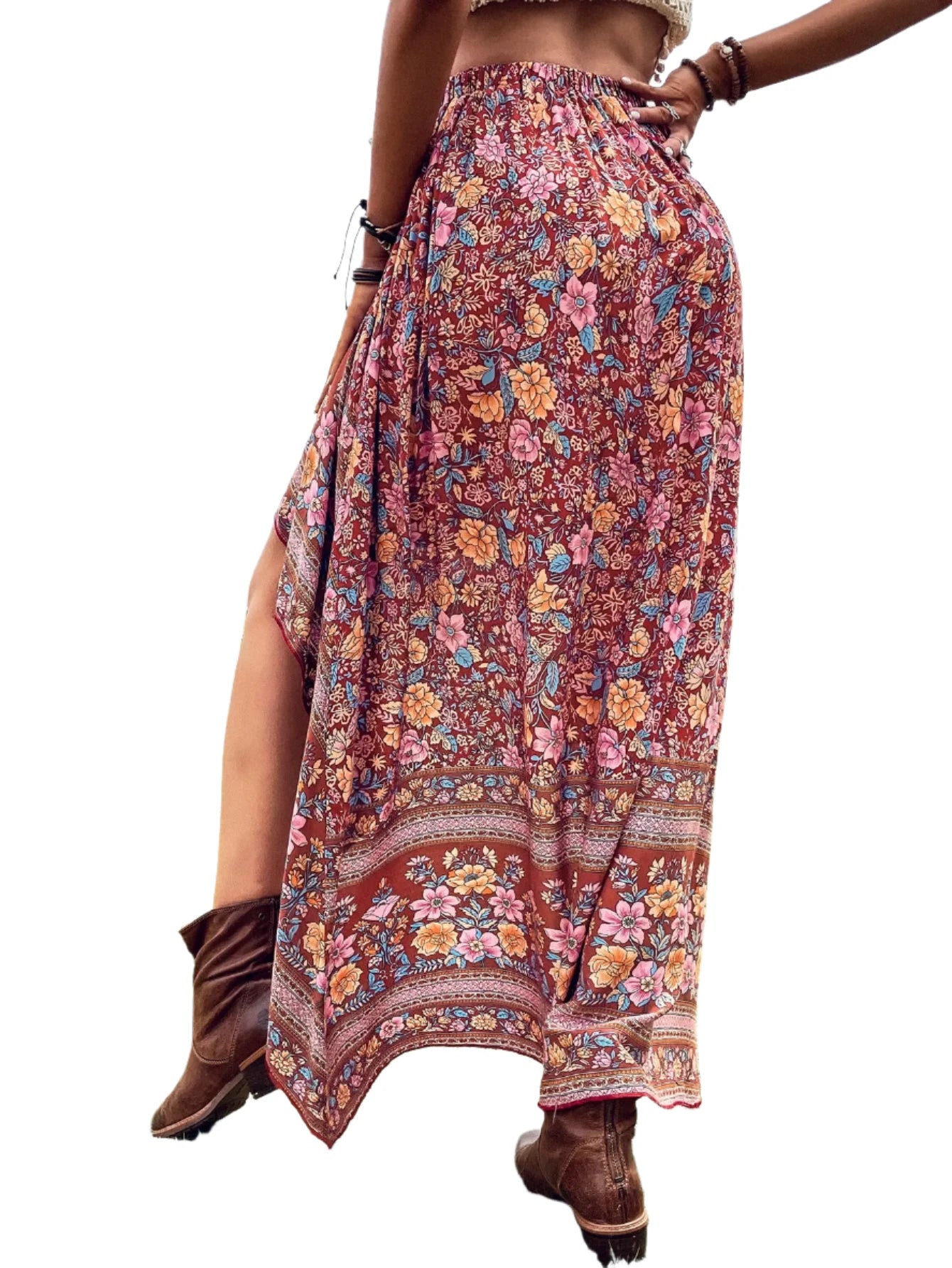 Floral Print Asymmetrical High Low Hem Skirt