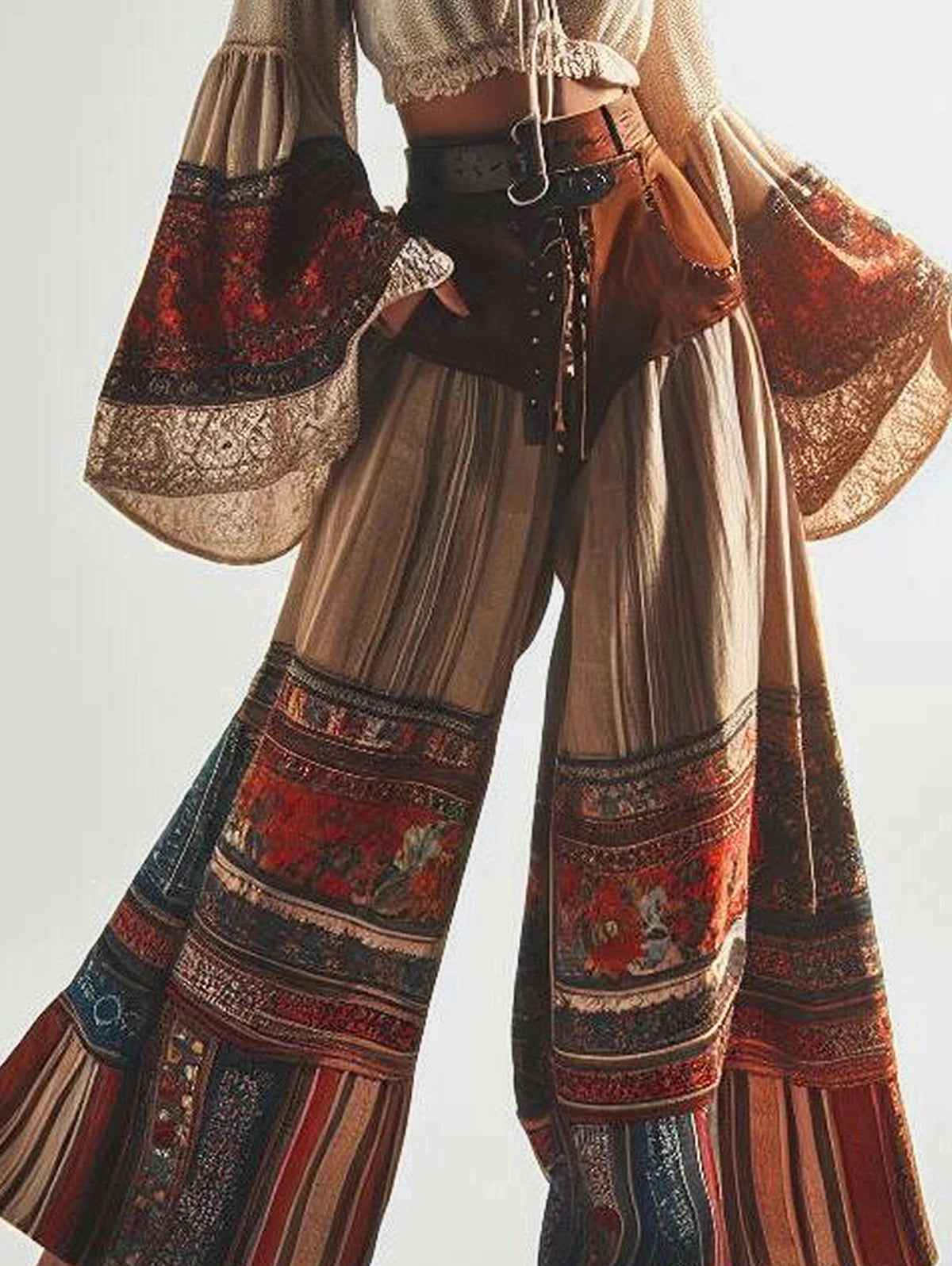 Bohemian Floral Printed Wide Leg Elastic Waist Long Flare Pants