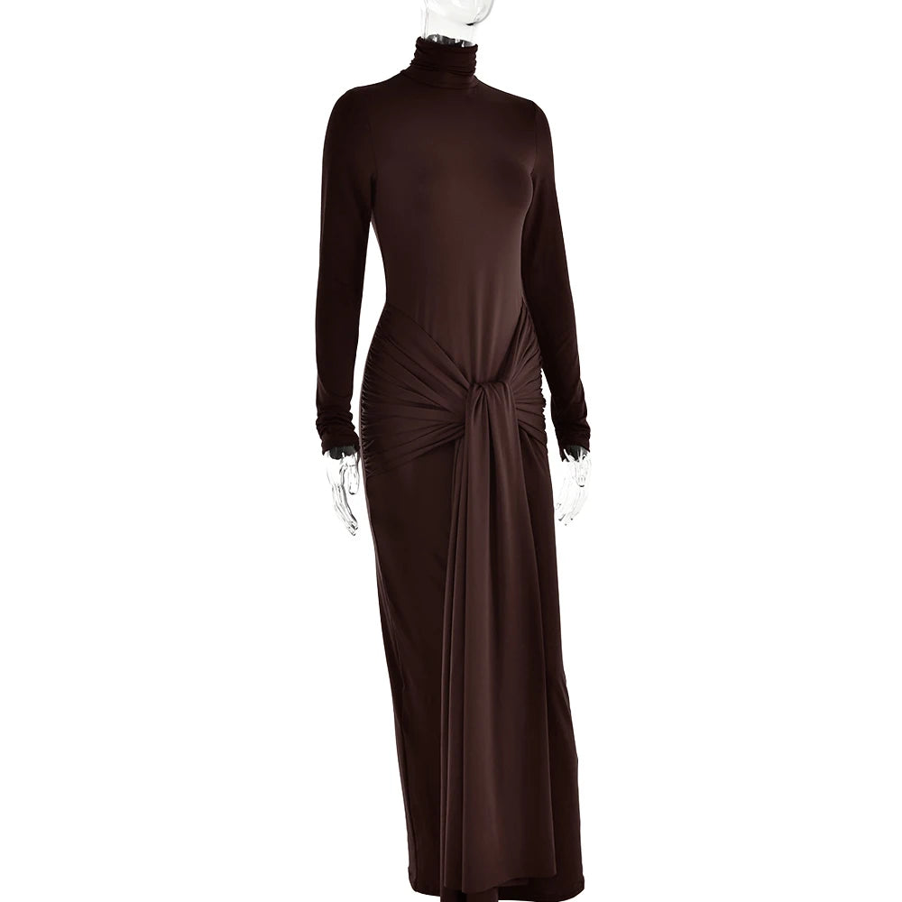 High Neck Long Sleeve Tight Elastic Lace Up Maxi Long Dress