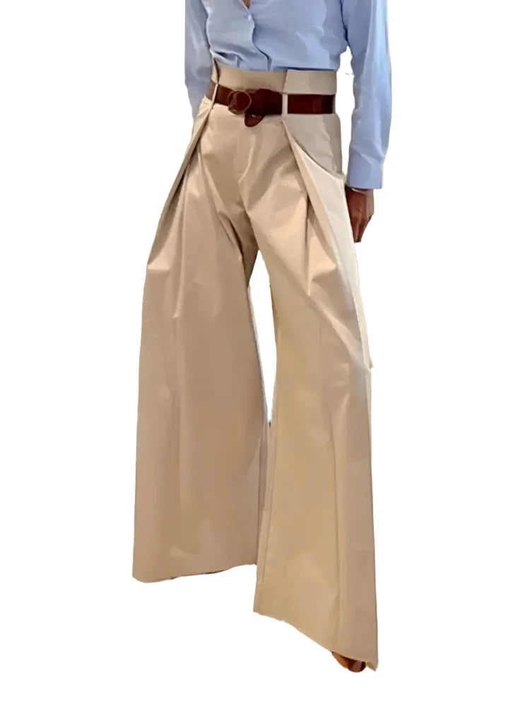 High Waisted Folded Floor Length Wide Leg Pants