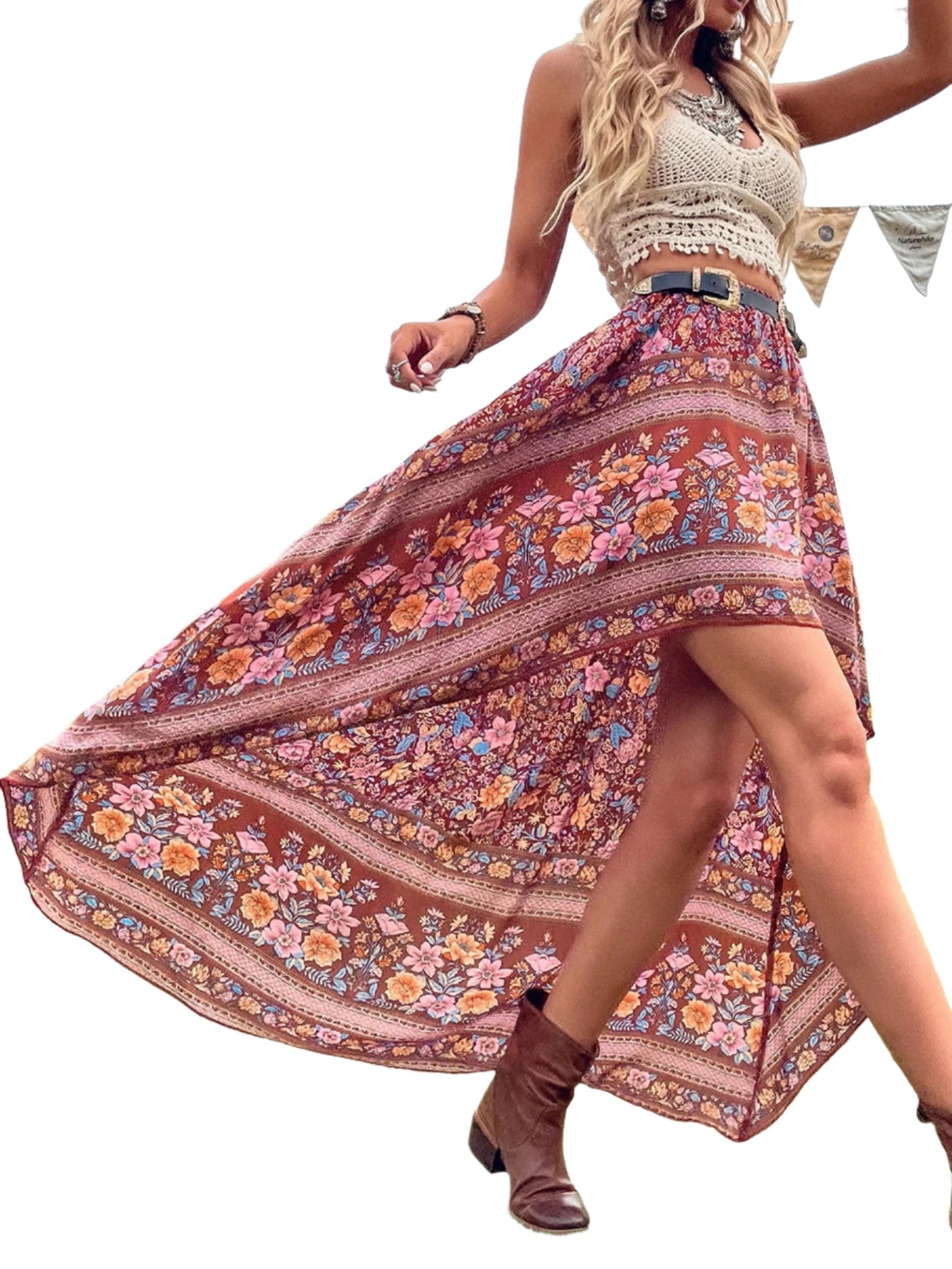 Floral Print Asymmetrical High Low Hem Skirt