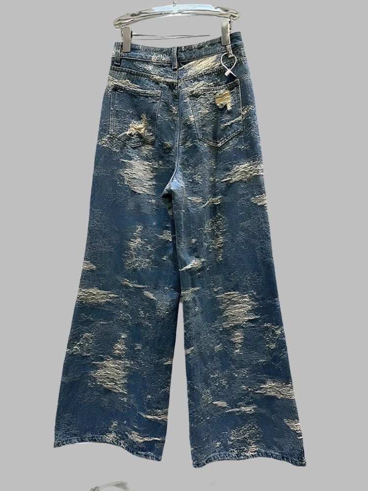 High Waist Broken Holes Distressed Wide Leg Denim Pants