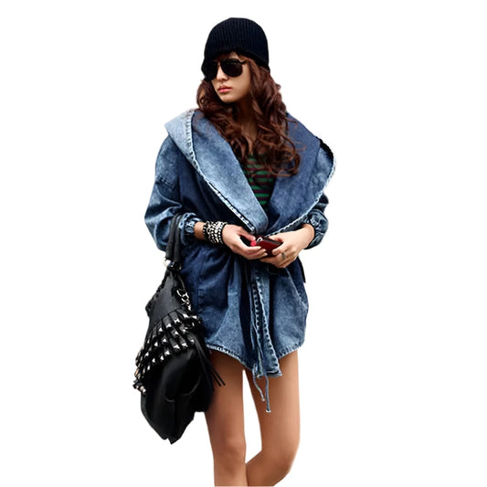 Hooded Denim Elastic Waist Batwing Sleeve Blue Jeans Jacket