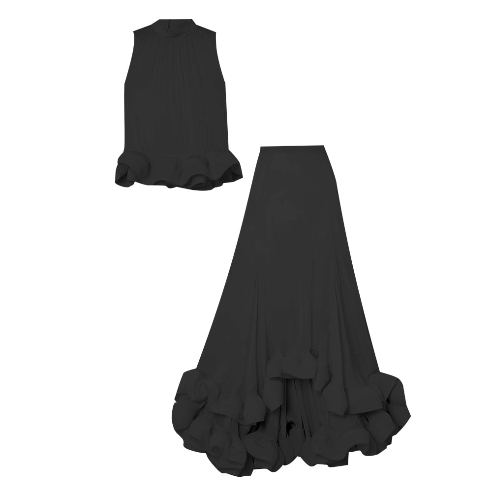 Ruffle Two Piece Sleeveless Top Pleated Irregular Hem Skirts