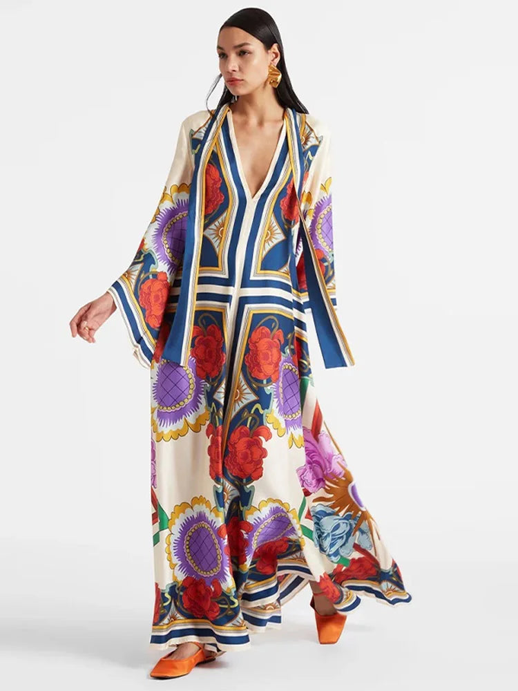 Bold Print  Loose Long V Neck Long Sleeves Maxi Dress