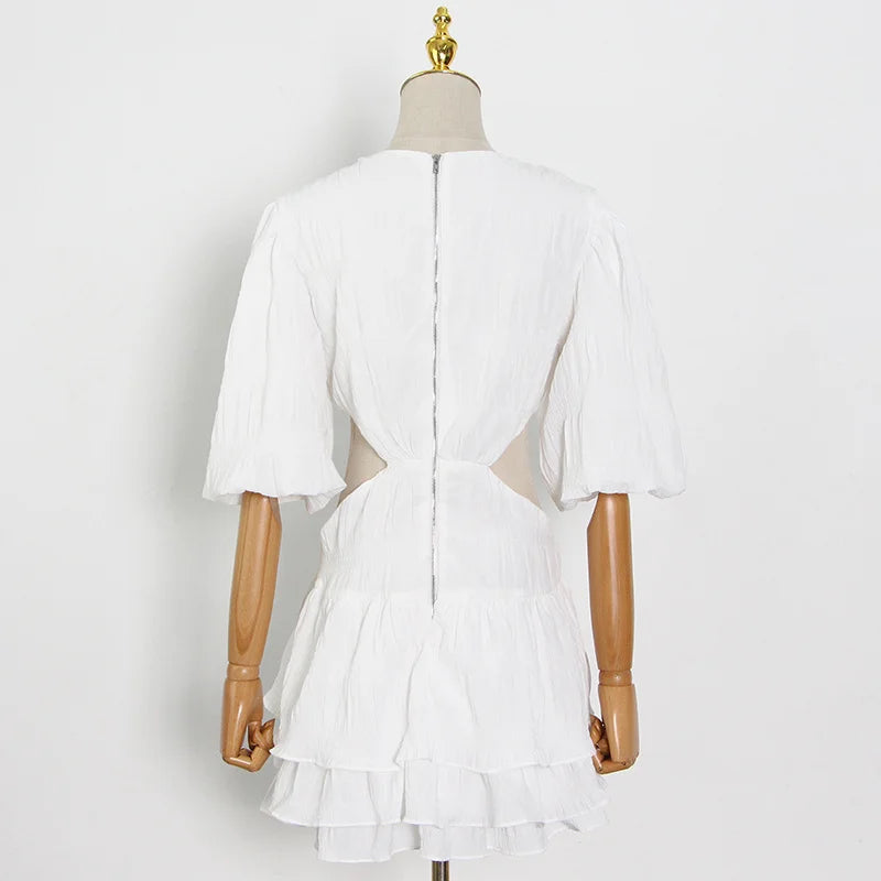 V Neck Lantern Half Sleeve Cut Out High Waist Mini Dress
